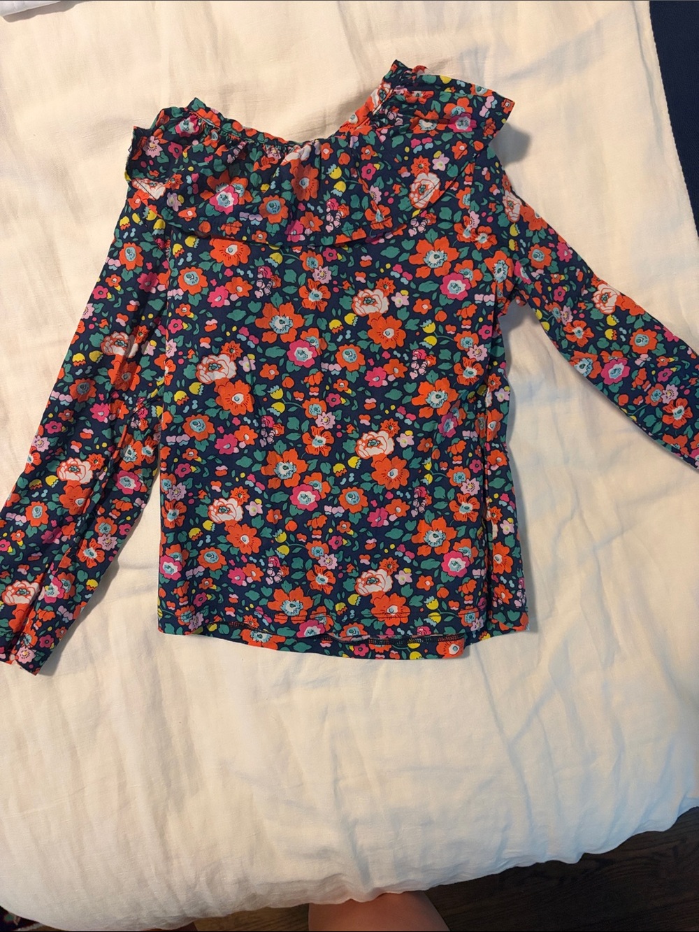 The Oaks Apparel Floral Ruffle Neck Long Sleeve Top - Navy Multi